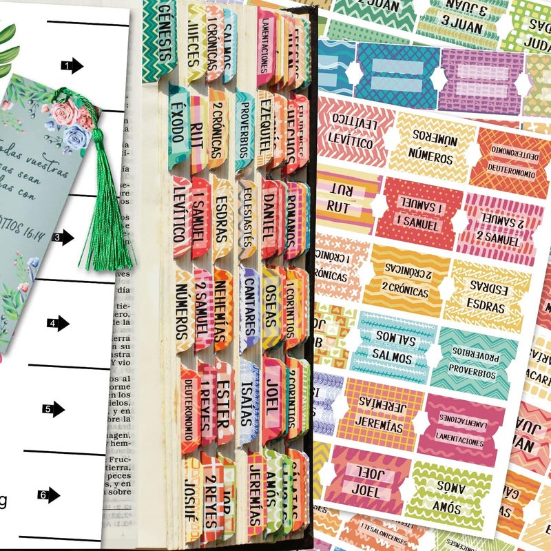 Cualfec Spanish Catholic Bible Index Tabs New & Old Testament Tabs Matte Laminated Floral Design, Bible Journaling Supplies - 122 Pcs (Fresh) - Image 1